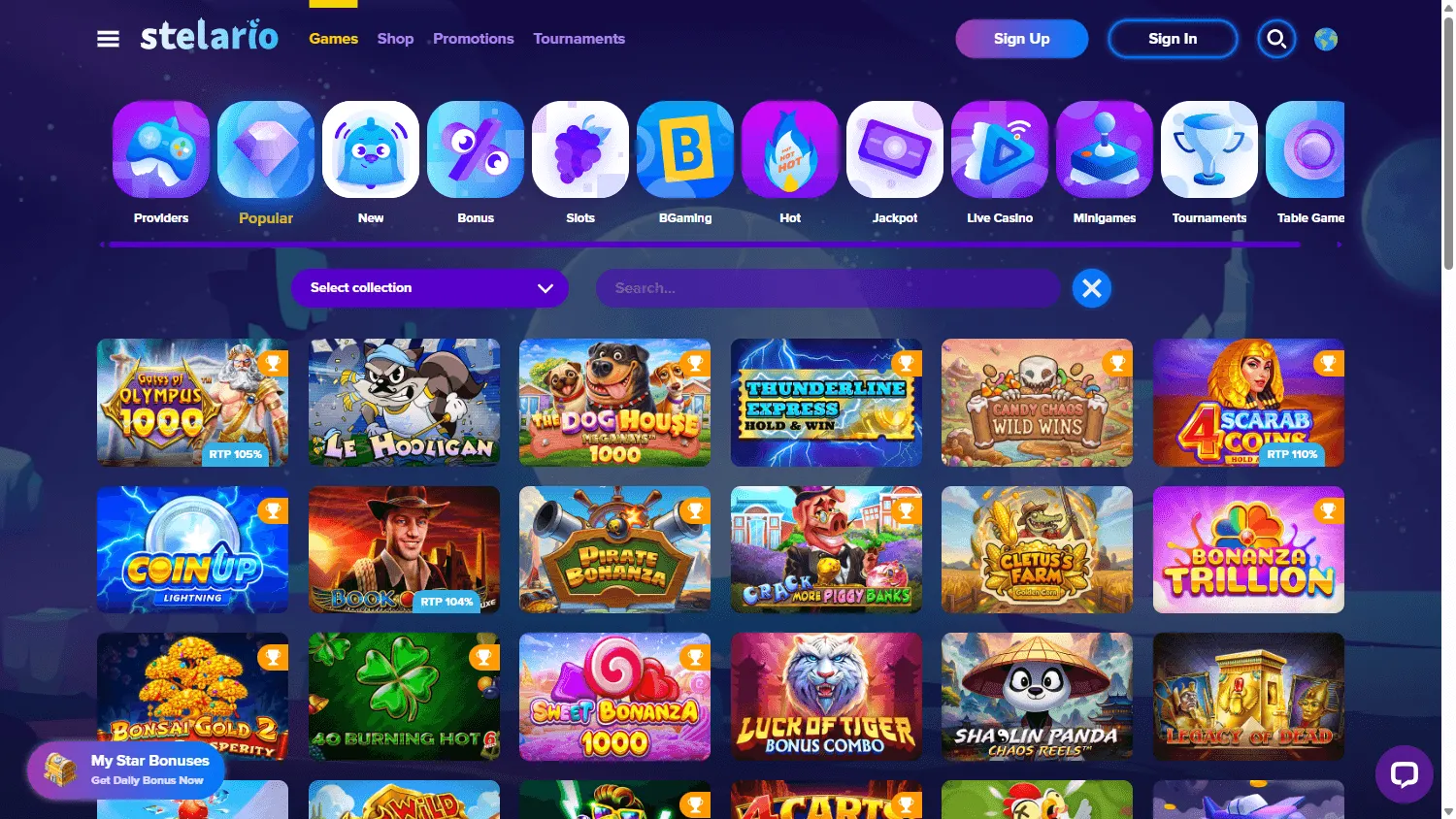 Stelario Casino desktop game catalogue with slots and live casino categories