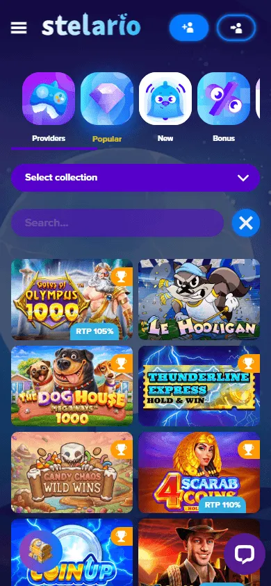 Stelario Casino mobile browser game catalogue