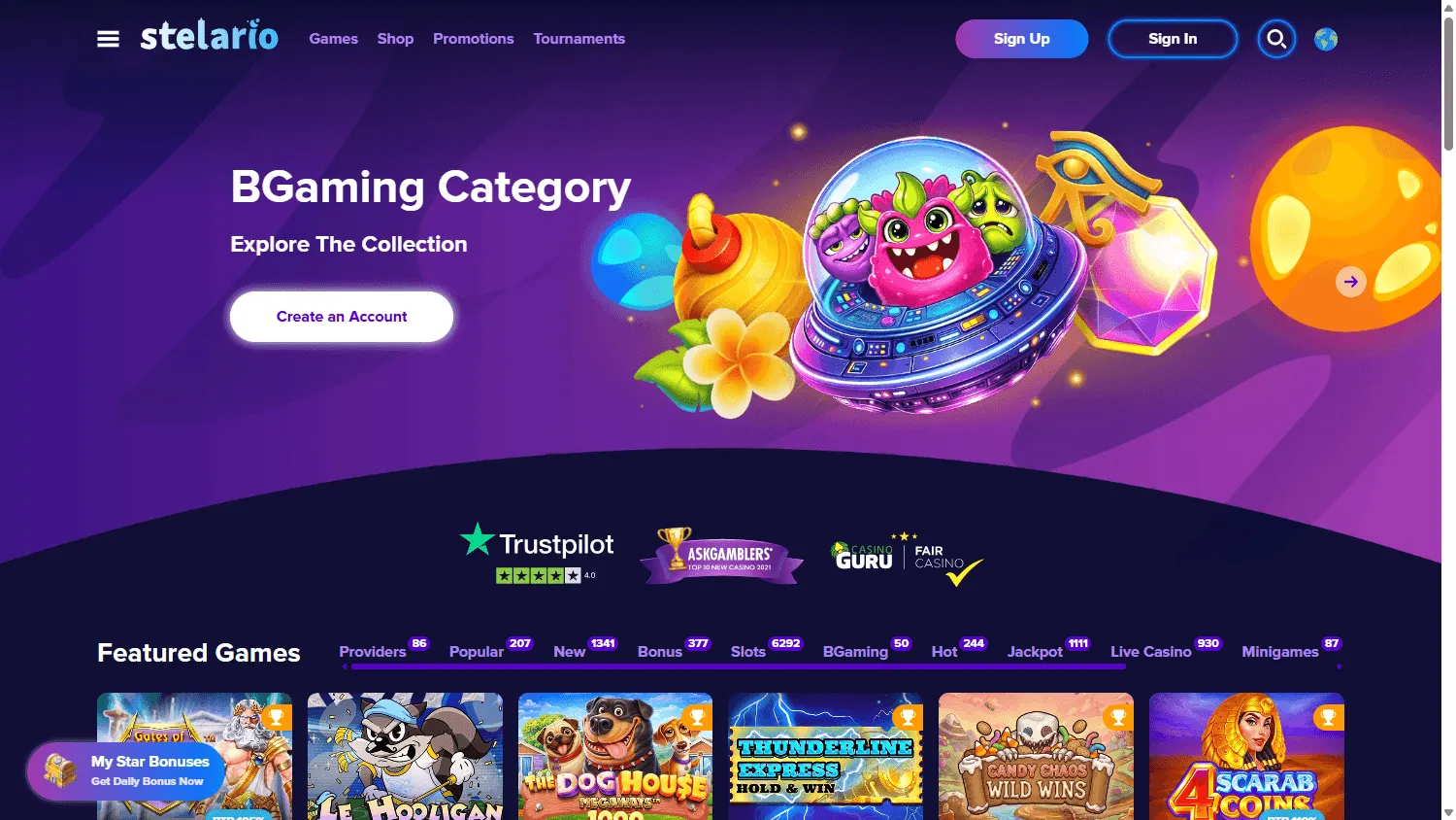 Stelario Casino desktop home with the Australian offer and casino access