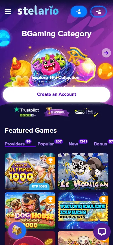 Stelario Casino mobile browser home on a phone