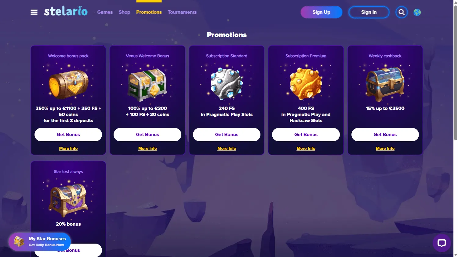 Stelario Casino desktop promotions showing Australian deposit rewards